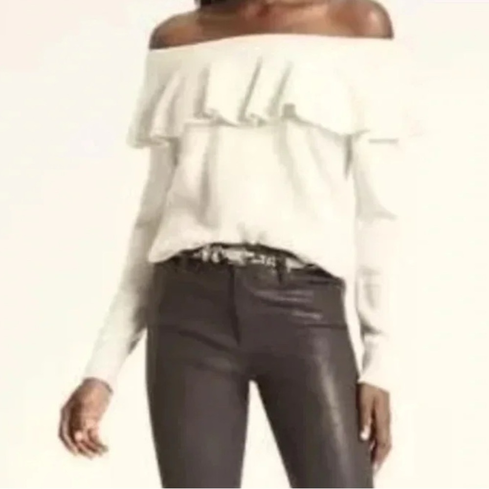 Banana Republic Sweater Ruffle Off The Shoulder Cream Gray Wool Cashmere Size XL